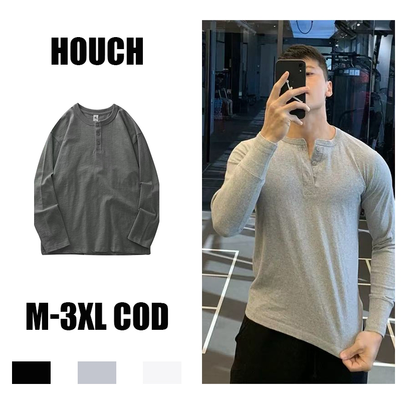 Houch พร้อมส่ง COD ผู้ชายแขนยาว POLO Slim Fit Athletic Muscle Plain Button Collar POLO
