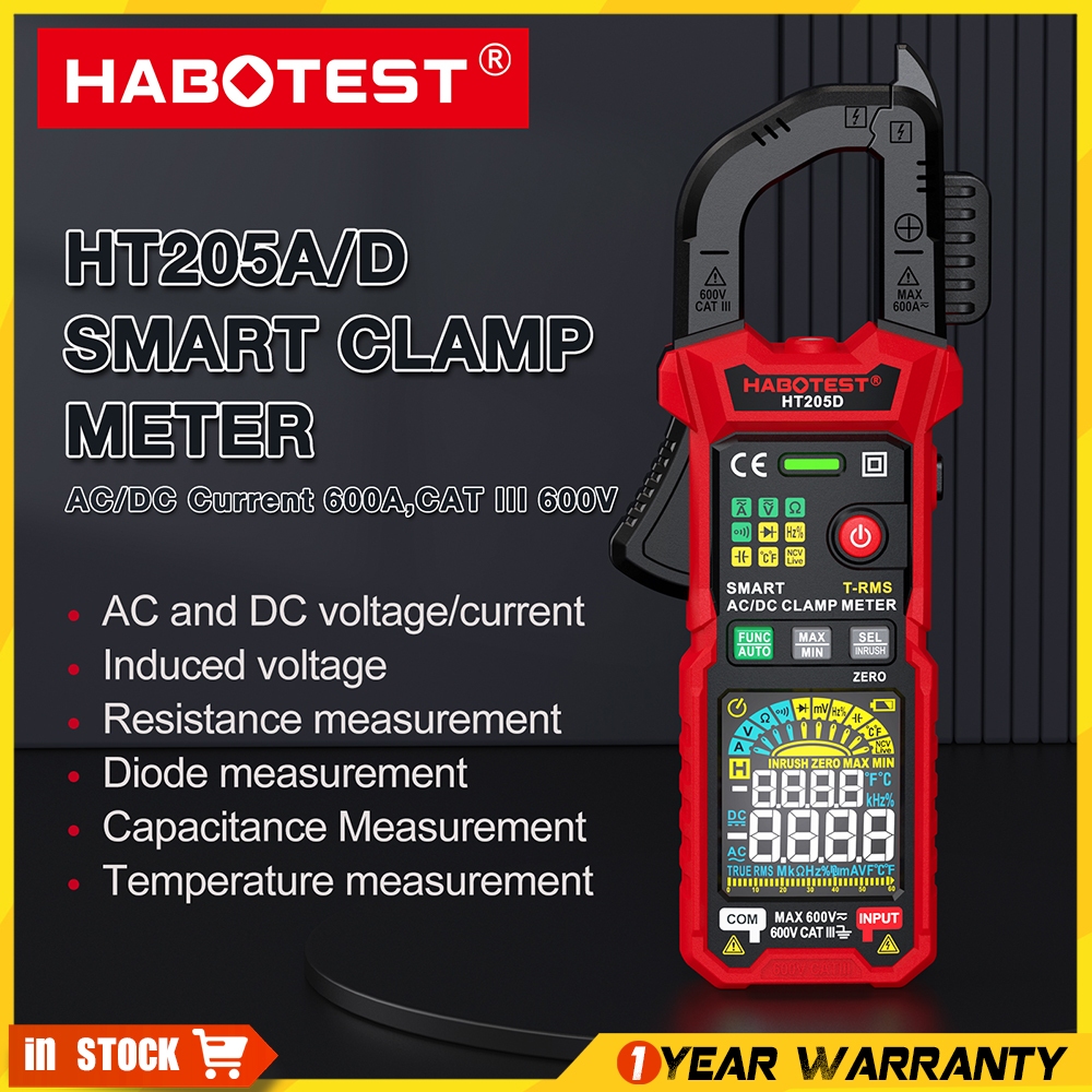Habotest HT205 สมาร์ทมัลติมิเตอร์ 6000 นับ 600A AC/DC Current โวลต์มิเตอร์ดิจิตอล Inrush Clamp Meter True RMS NCV Inrush แรงดันไฟฟ้าปัจจุบันอุณหภูมิเครื่องทดสอบความจุ