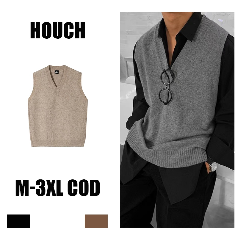 Houch พร้อมส่ง COD เสื้อกันหนาวแขนกุด ผ้าถัก ขนาดใหญ่ สไตล์เกาหลี เหมาะกับฤดูหนาว สําหรับผู้ชาย