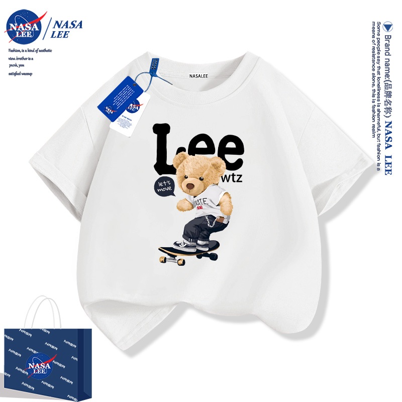 NASA เสื้อยืดแขนสั้นผ้าฝ้ายสีดำสำหรับเด็ก ชุดใหม่ปี 2025 ลายหมีการ์ตูนน่ารักและเท่ห์ เหมาะสำหรับเด็กชายและเด็กหญิง สไตล์สบายๆ