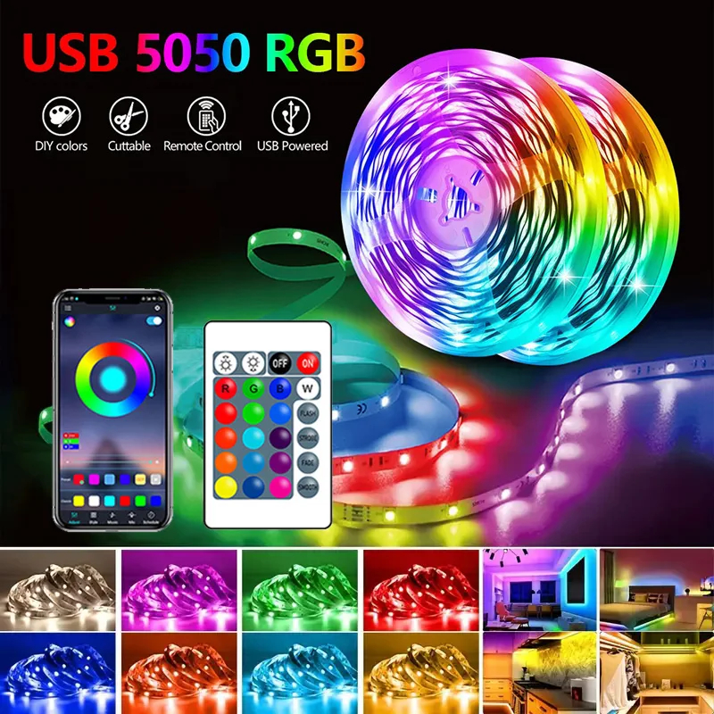 ไฟ LED Strip RGB 5050 บลูทูธ APP ควบคุมไฟเปลี่ยนสีโคมไฟ LED ยืดหยุ่นเทปริบบิ้นสําหรับตกแต่งห้อง Backlight
