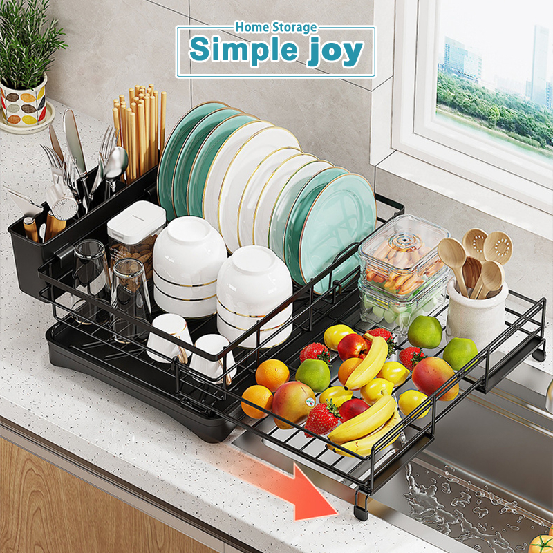 Simplejoy ชั้นวางจาน ปรับขนาดได้ ที่คว่ำจานพร้อมท่อระบายน้ำ และที่วางตะเกียบ ถอดล้างได้