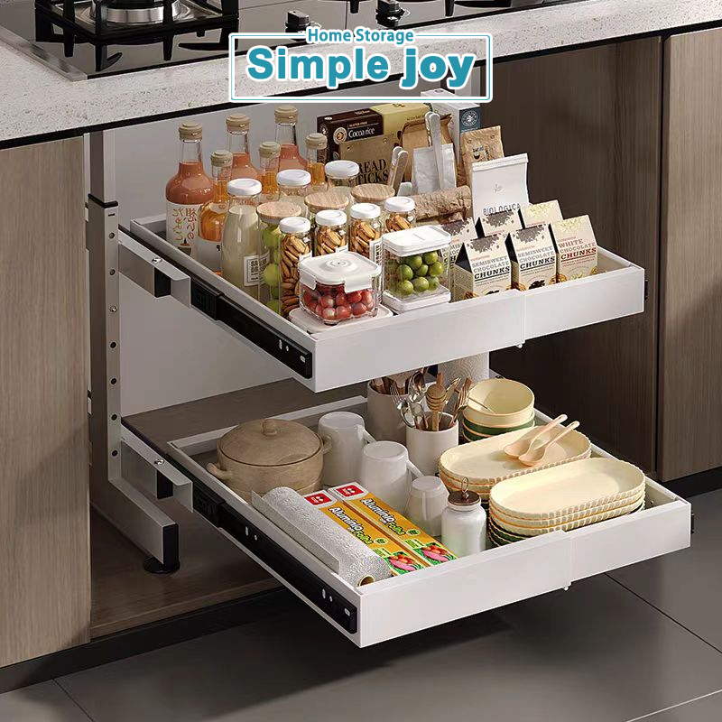Simplejoy ชั้นวางจานแบบมีขาตั้ง 2 ชั้น ตะกร้าดึงออก ลิ้นชักพับเก็บได้ ประหยัดพื้นที่