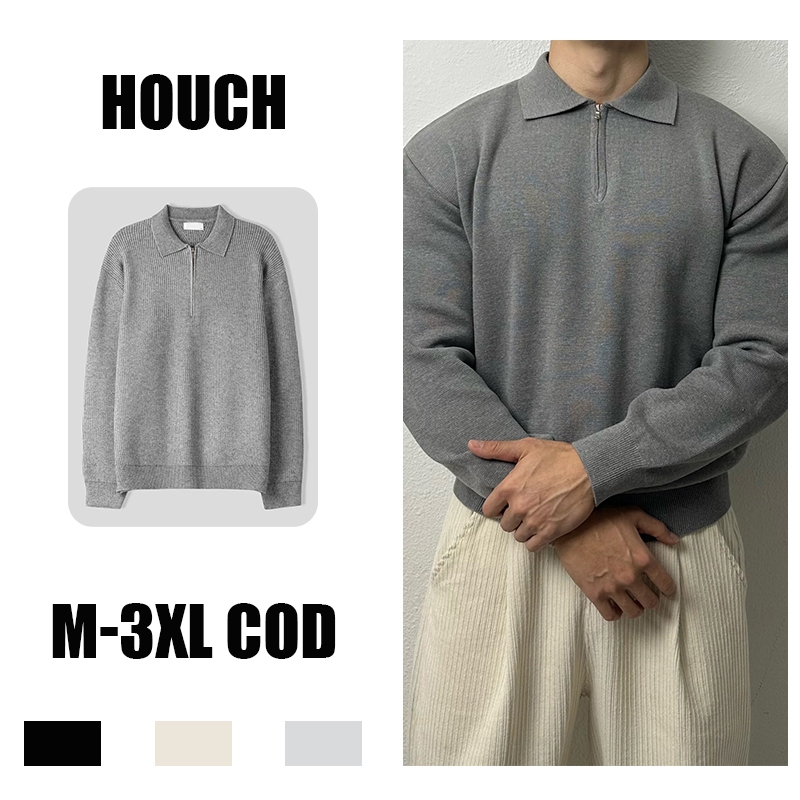 Houch พร้อมส่ง COD เสื้อโปโลผู้ชายคอเหลี่ยมแขนยาวเกาหลีมีซิปเพื่อความอบอุ่นในฤดูหนาว