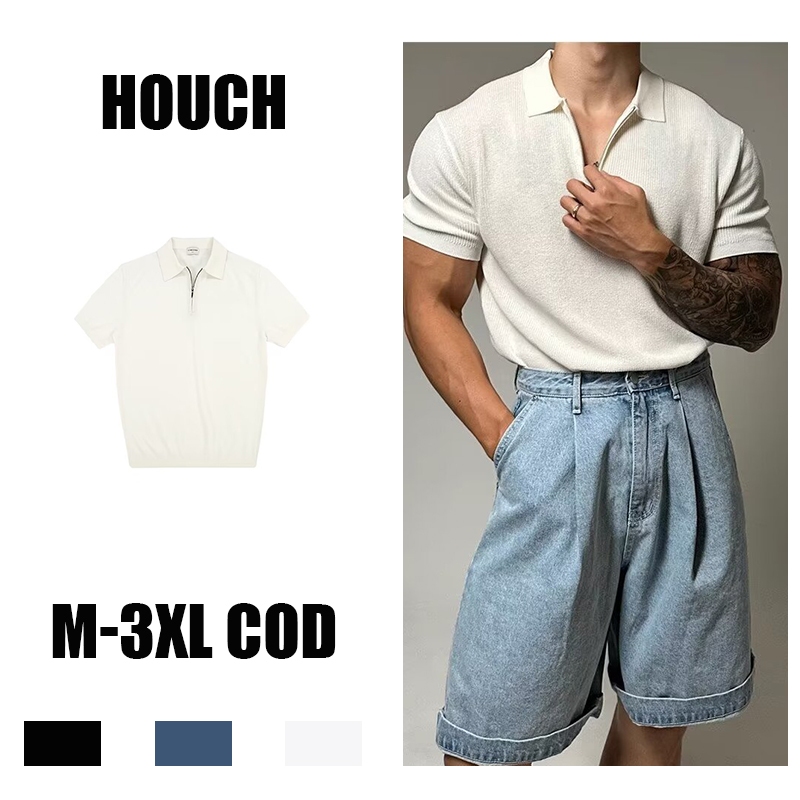 Houch พร้อมส่ง COD เสื้อโปโลผู้ชายมีซิปสไตล์เกาหลีสีเรียบสบายไม่ร้อน