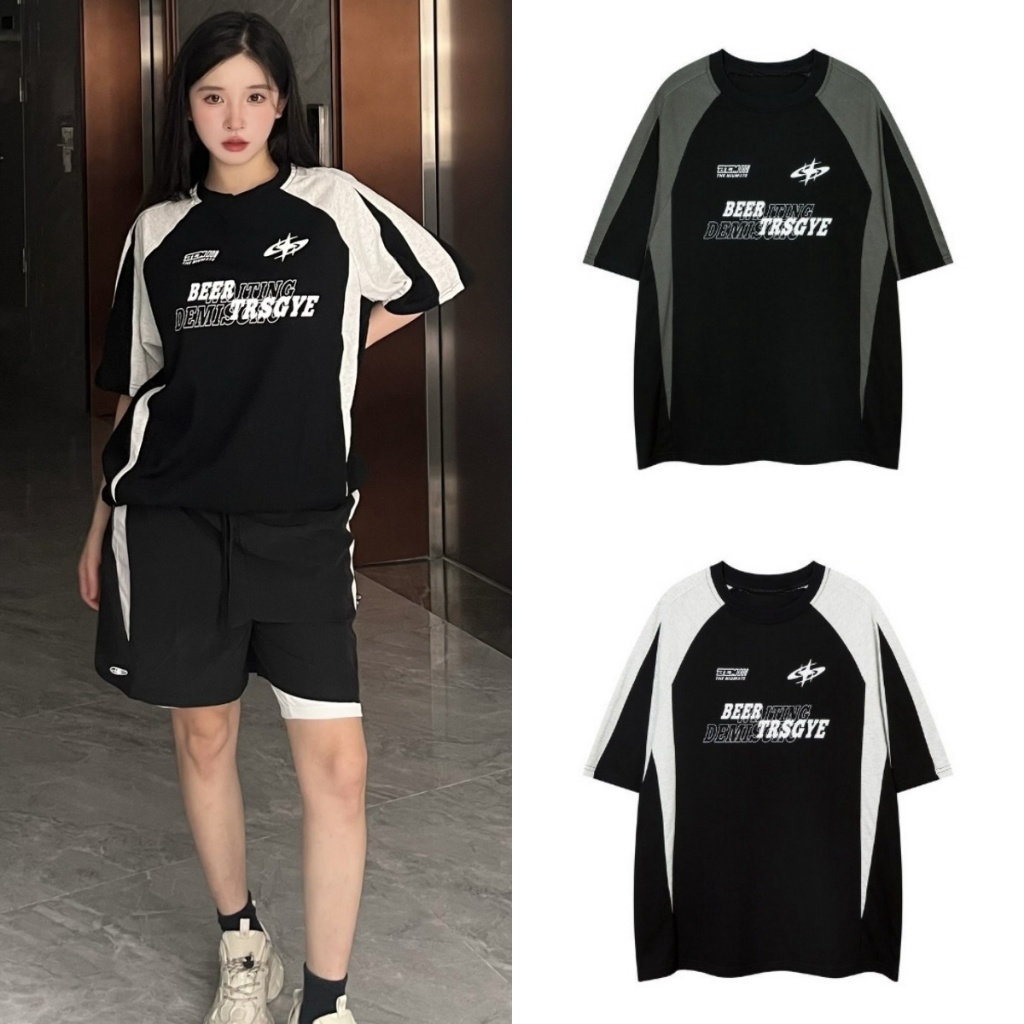 ProMan-เสื้อยืดพิมพ์ลายตัวอักษรเย็บ  อเมริกัน รีโทร  เสื้อผ้าคู่อินเทรนด์  ตัวตลก