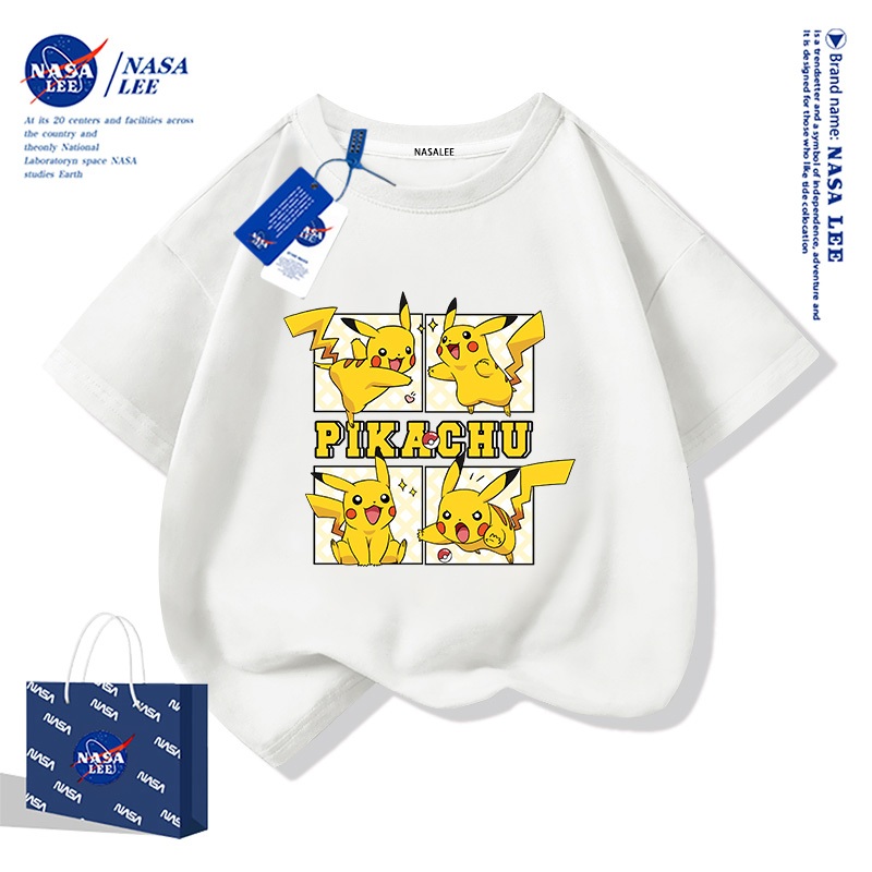NASA เสื้อยืดแขนสั้นฤดูร้อนสไตล์อเมริกัน สำหรับเด็ก รุ่นใหม่ปี 2025 ผ้าคอตตอนนุ่มสบาย ลายพิคาชู