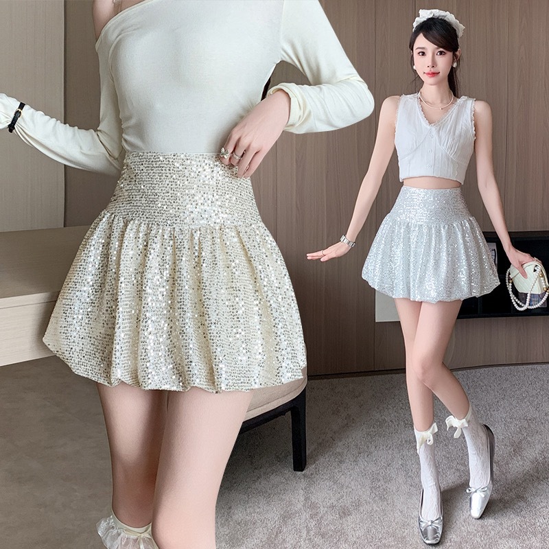 ภาษาฝรั่งเศสคํา Classy Celebrity Bud กระโปรงผู้หญิงฤดูใบไม้ผลิ Sequined กระโปรงเอวสูง Slimmer