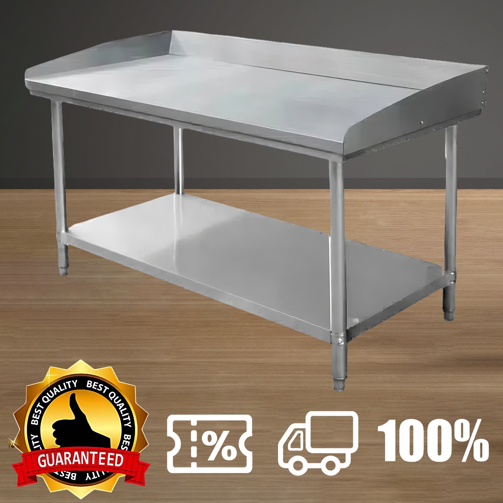 150CM x 50CM x 80CM โต๊ะสแตนเลสคุณภาพสูง Workbench ทําความสะอาดง่าย โต๊ะสองชั้น โต๊ะสแตนเลส 304 ขอบ