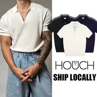 【Houch พร้อมส่ง COD】เสื้อโปโลผู้ชายมีซิปสไตล์เกาหลีสีเรียบสบายไม่ร้อน