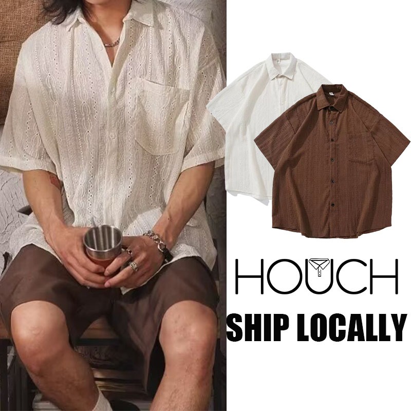 Houch พร้อมส่ง COD กลวงตาข่ายแขนสั้นถักเสื้อผู้ชายฤดูร้อนบางแฟชั่นหล่อสีขาว เสื้อโปโลชายและหญิงคู่หลวมเสื้อขนาดใหญ่ท็อปส์สําหรับผู้ชาย