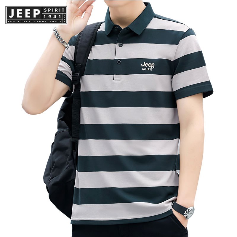 Jeep SPIRIT 1941 ESTD แขนสั้นผู้ชายลายปกธุรกิจสบายๆเสื้อโปโลระบายอากาศ