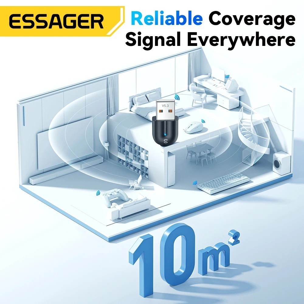 Essager อะแดปเตอร์บลูทูธ USB Dongle บลูทูธ 5.3 สําหรับ PC แล็ปท็อปลําโพงเครื่องรับสัญญาณเสียงเมาส์ไร้สายคีย์บอร์ด USB Transmitter