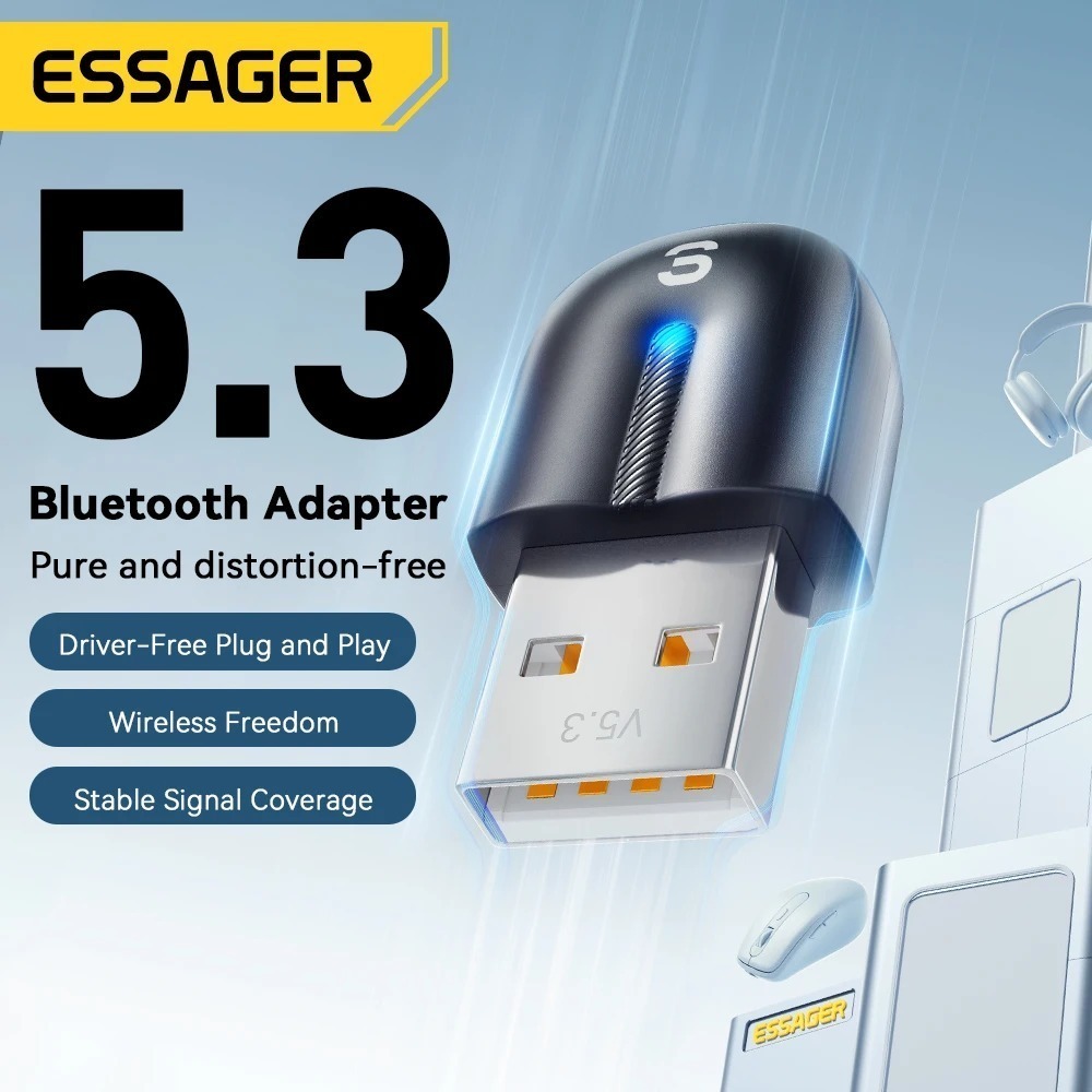 Essager อะแดปเตอร์บลูทูธ USB Dongle บลูทูธ 5.3 สําหรับ PC แล็ปท็อปลําโพงเครื่องรับสัญญาณเสียงเมาส์ไร้สายคีย์บอร์ด USB Transmitter