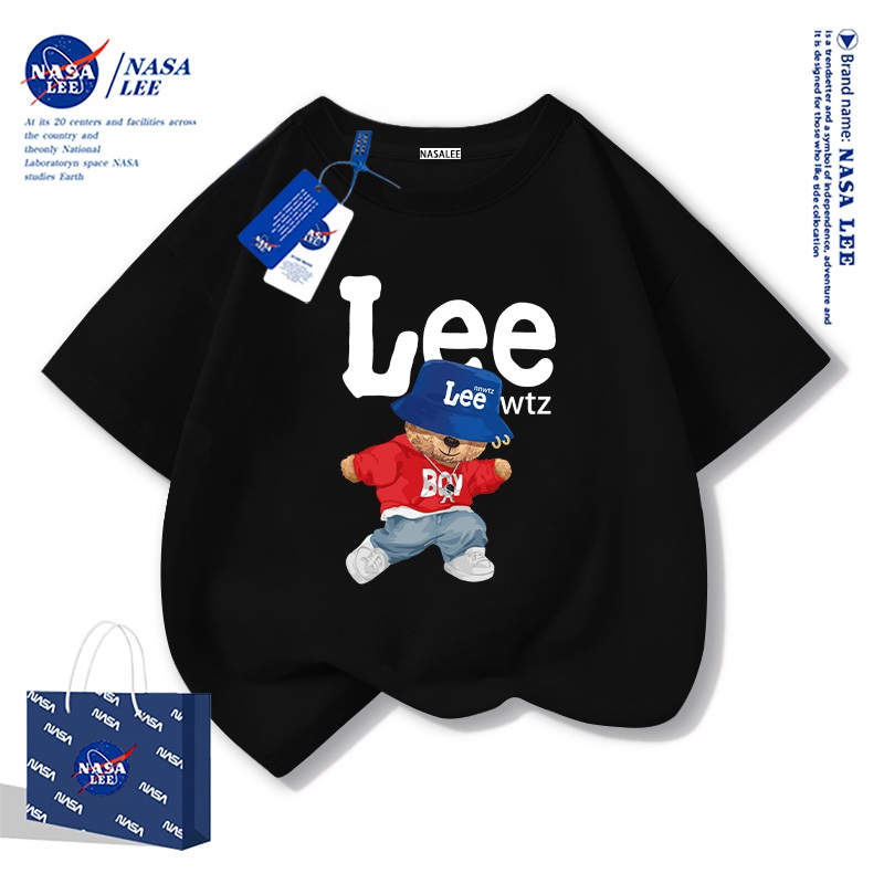 NASA เสื้อยืดแขนสั้นผ้าฝ้ายสีขาวสำหรับเด็ก 2025 สไตล์ใหม่ฤดูร้อนสุดชิค ลายหมีน่ารักสำหรับเด็กชายและเด็กหญิง เสื้อผ้าลำลองสบายๆ แขนสั้น