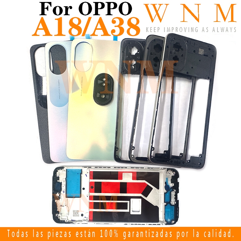 สําหรับ OPPO A18 A38 CPH2591 CPH2579 LCD กรอบด้านหน้า Bezel ฝาหลังแบตเตอรี่ + กรอบกลาง + ชิ้นส่วนกรอบรูปกล้องด้านหลังกรณีที่อยู่อาศัยศูนย์แชสซี + ปุ่ม