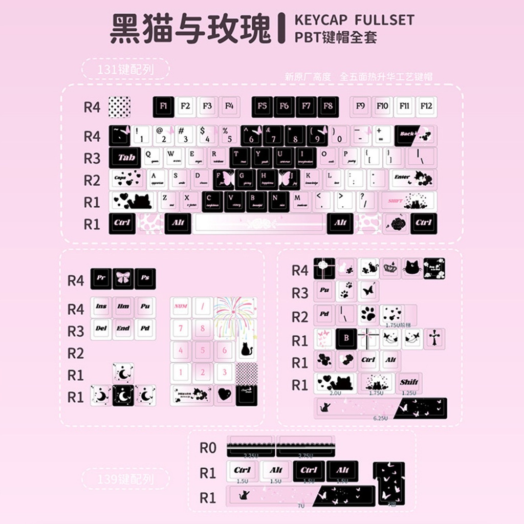 -LW- Black Cat และ Rose Keycap 139keys ที่กําหนดเองคีย์บอร์ด Keycap CHERRY Profile PBT Key Cap 1.7 ม