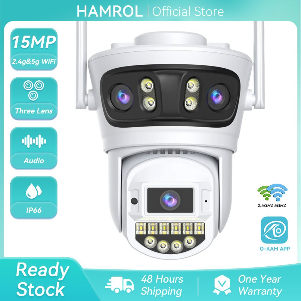Hamrol สามเลนส์สามหน้าจอ 15MP PTZ WiFi กล้อง IP 5G & 2.4GHZ Two Way Audio กล้องวงจรปิดกลางแจ้ง O-KAM