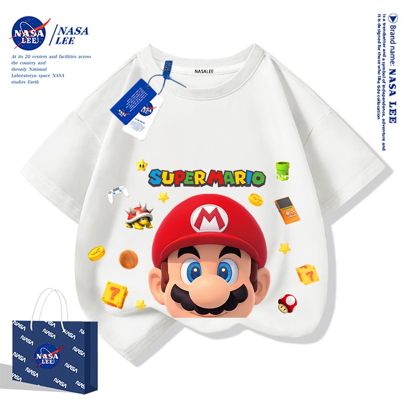 NASA เสื้อยืดผ้าฝ้ายสีขาวสำหรับเด็ก 2025 สไตล์ใหม่ฤดูร้อน ลายมาริโอ้สำหรับเด็กชายและเด็กหญิง เสื้อผ้าลำลองระบายอากาศแขนสั้น