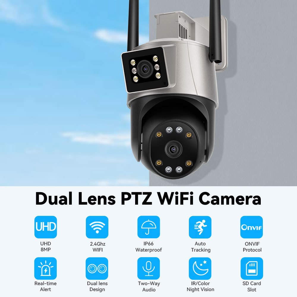 Hamrol 4K 8MP Network Wireless Monitor Dual Lens Outdoor PTZ WIFI Camera Automatic Tracking CCTV