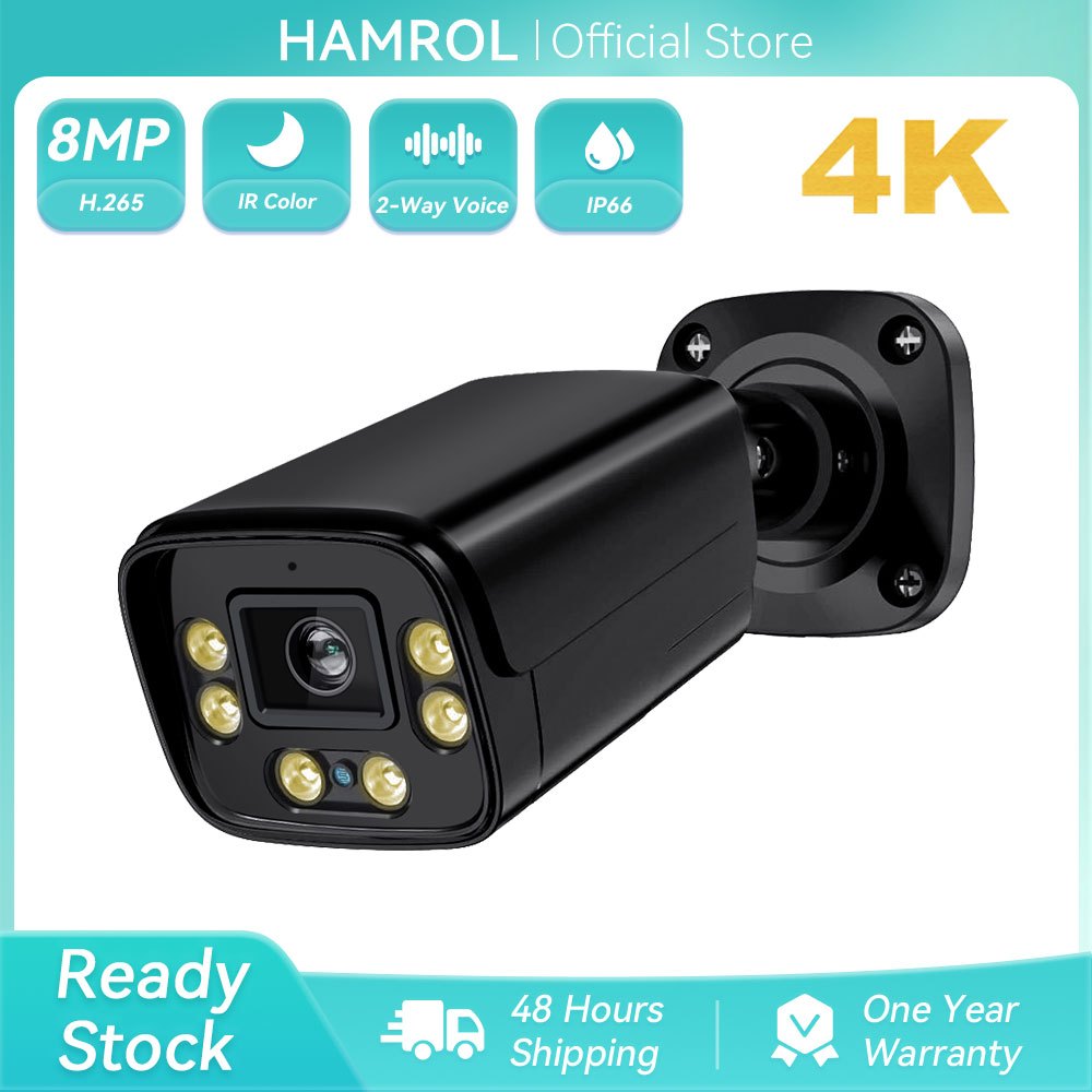 Hamrol 4K 8MP All black POE 6 Light IP Camera Color Night Vision Two Way Audio outdoor Network CCTV