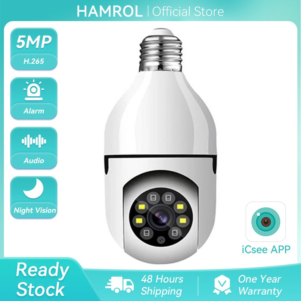 Hamrol 5MP Bulb PTZ Wifi Camera  Auto Tracking  iCsee app 1080P 4X Digital Zoom Indoor CCTV