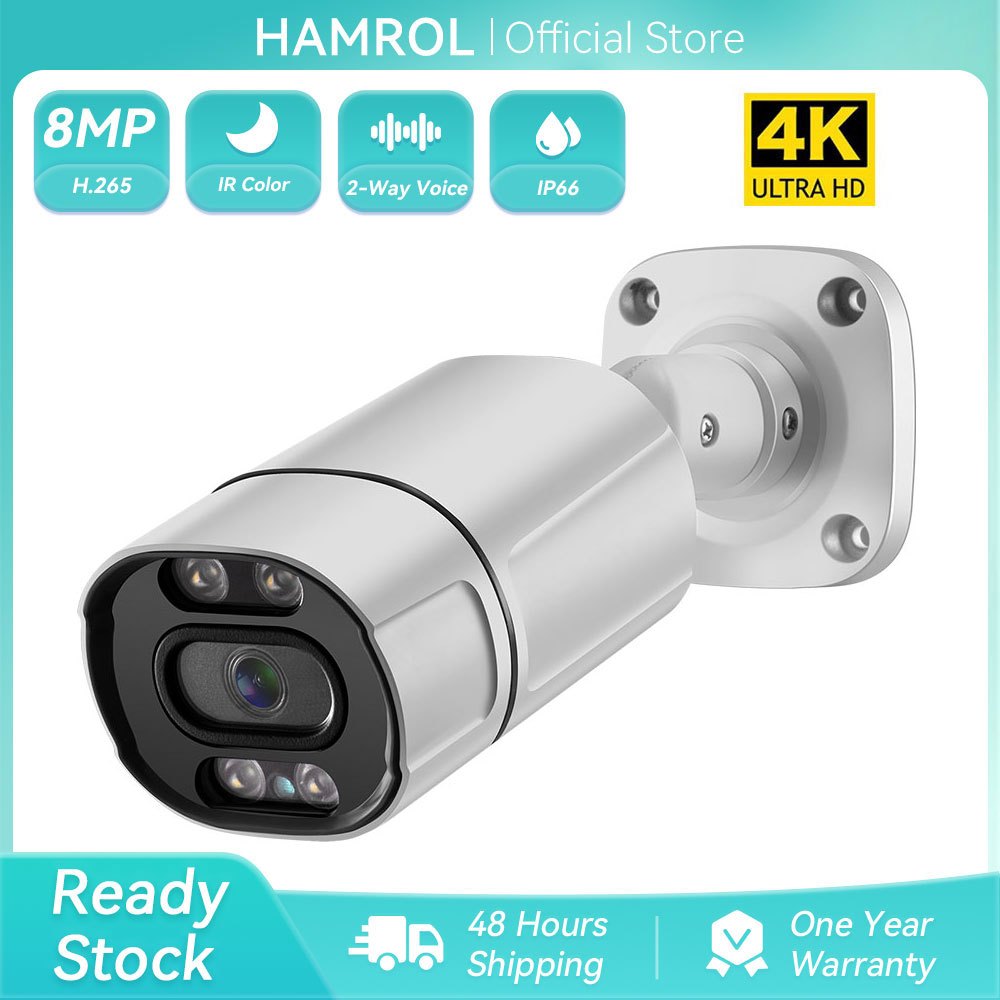 Hamrol 8MP 4K H.265 IP Camera POE Outdoor Waterproof Color Night Vision CCTV Audio CCTV Video