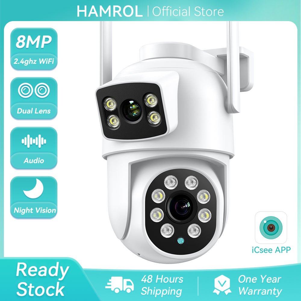 Hamrol 4K 8MP Dual Lens PTZ WIFI IP Camera 5X Zoom Two Way Audio Auto Tracking Waterproof CCTV