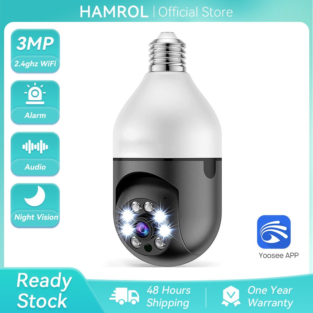 Hamrol Yoosee 3MP PTZ E27 Bulb Camera 355 °Auto Tracking Wireless 2MP CCTV Security Camera  CCTV