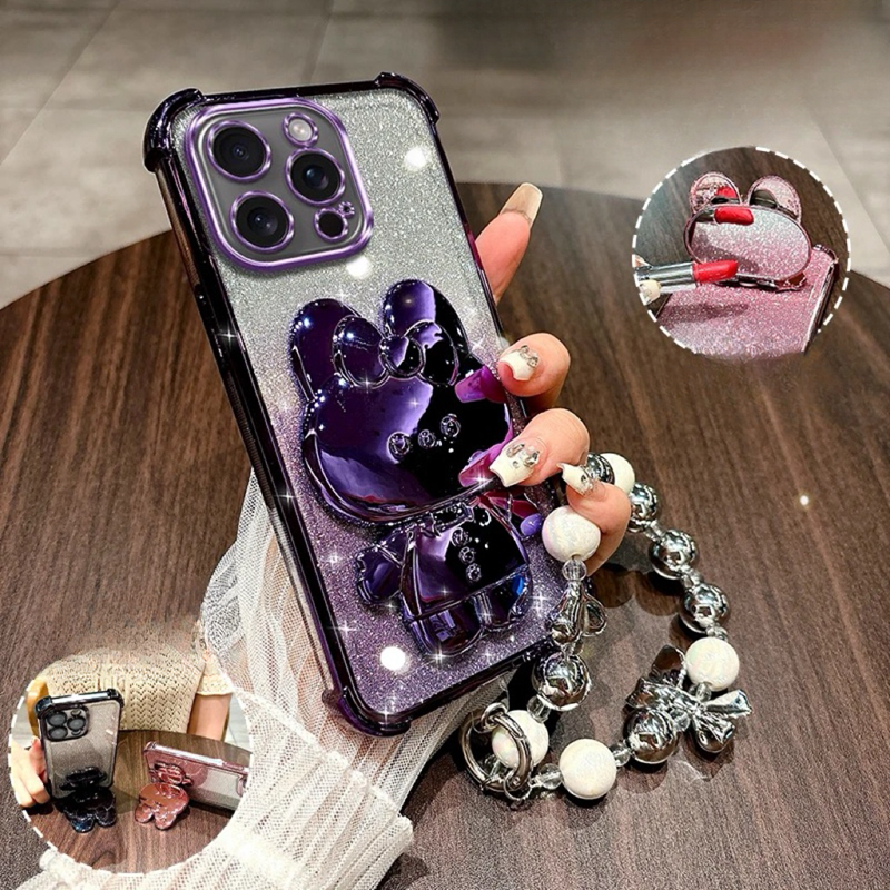 เคส VIVO Y20 Y12S Y12A Y20S Y20i Y21 Y21S Y33S Y21A Y33A Y21T Y16 4G Y75 5G Y30 5G Y35 4G สี่มุมแฟลชสีชมพูกระจกกระต่ายเงินสร้อยข้อมือกรณีโทรศัพท์