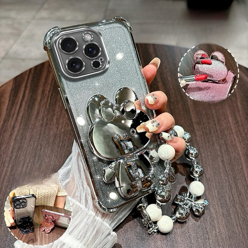 เคส For xiaomi 11X 11X Pro 11i 13T Pro 13T 12T Civi 4 Pro Civi 3 สี่มุมแฟลชสีชมพูกระจกกระต่ายเงินสร้อยข้อมือกรณีโทรศัพท์