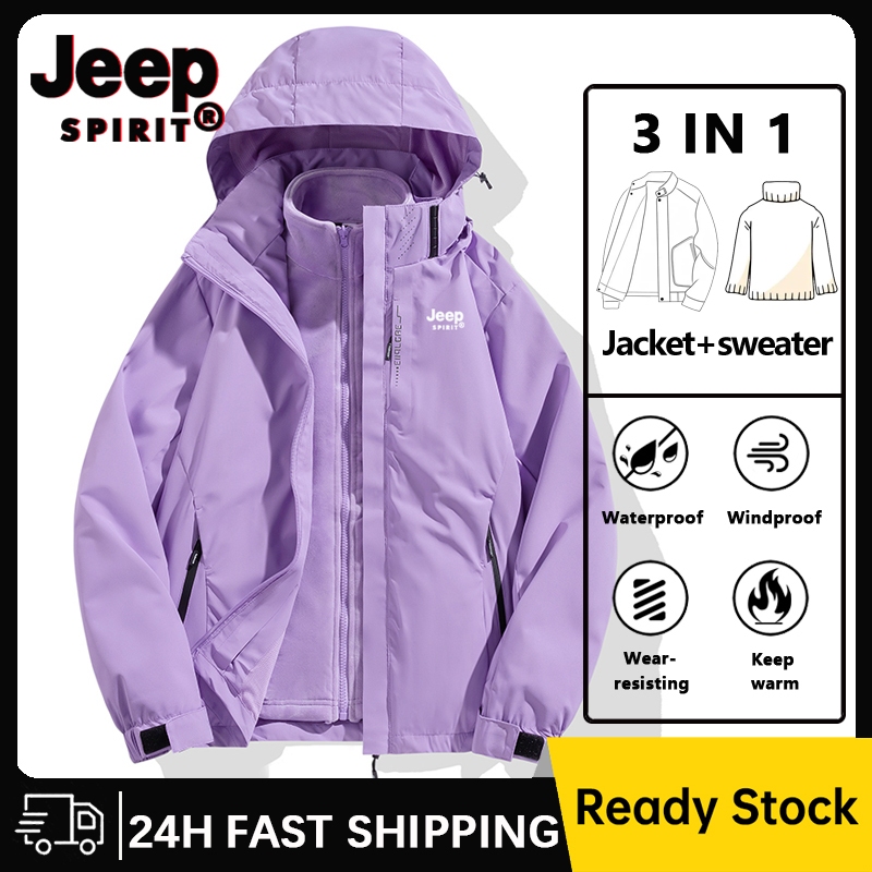 Jeep SPIRIT ฤดูหนาวกันลมกันน้ําสําหรับผู้หญิงแจ็คเก็ต 1+1 ชุดแจ็คเก็ตกระเป๋าซิป3 ใน 1 มัลติฟังก์ชั่กีฬากลางแจ้งเดินป่าแจ็คเก็ตในสีม่วง