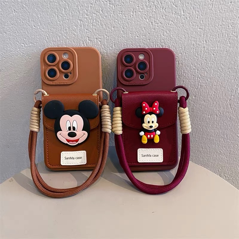 3d การ์ตูน Mickey การ์ดแพ็คพร้อม string เคสโทรศัพท์ tpu นุ่มสําหรับ Iphone 16promax 15 14 13promax 12 11 เคสโทรศัพท์พร้อมเชือกสั้น