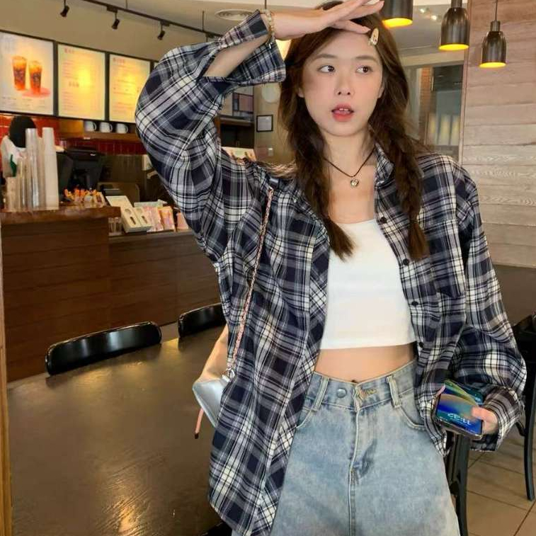 Laterme เสื้อเชิ้ตลายสก๊อต แขนยาว  สไตล์เกาหลี เสื้อใส่สบายชิวๆแฟชั่นผู้หญิง