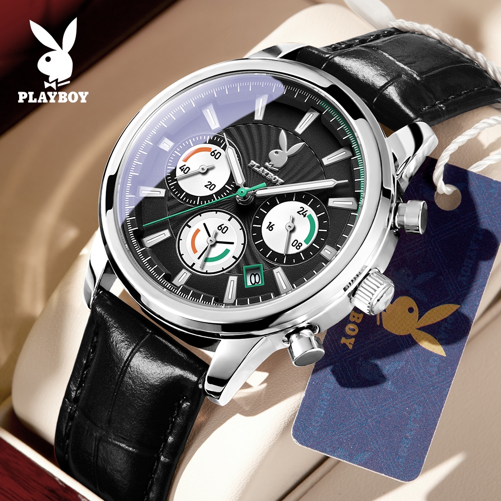 PLAYBOY นาฬิกาผู้ชาย กันน้ํา 100% เรืองแสง ปฏิทิน โครโนกราฟ นาฬิกาผู้ชายสายหนัง ของขวัญให้แฟนผู้ชาย TY3305