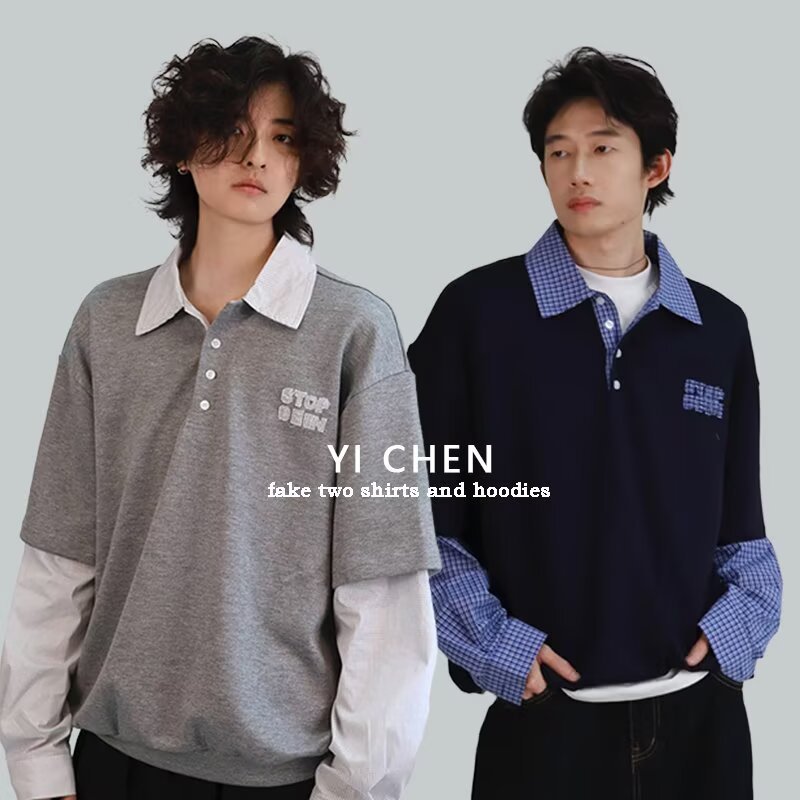 EERSHENSHI เอร์เชนชิ เสื้อกันหนาวอเมริกันย้อนยุคเกรดสูงปลอมสองชิ้นเสื้อโปโลแขนยา