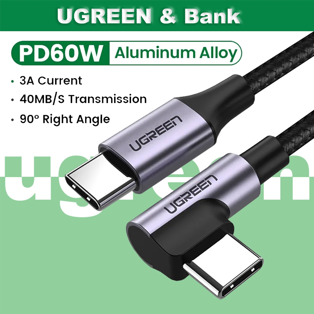 Ugree n 60W PD Type C ถึง Angled USB C สายชาร์จเร็วสําหรับสมาร์ทโฟนและแท็บเล็ต