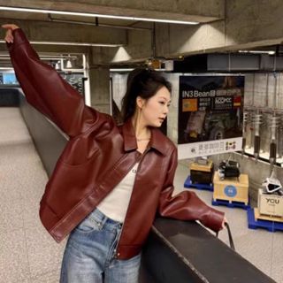 NZN สไตล์เกาหลีฤดูใบไม้ผลิใหม่เสื้อครอปเสื้อแจ็คเก็ตหนังแขนย…