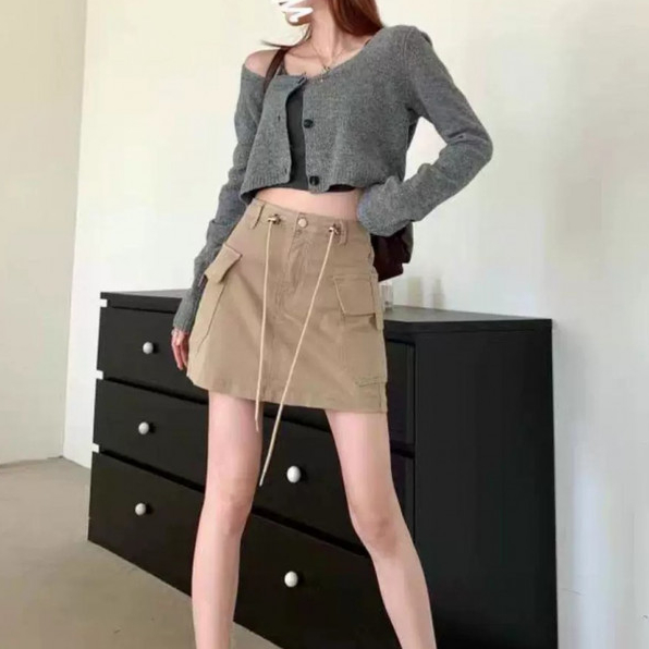 Laterme กระโปรงยีนส์เอวสูง คาร์โก้ สายเป็นเชือกรูด ทั้งน่ารักและเท่ มีซับในในตัว - รูปที่ 3