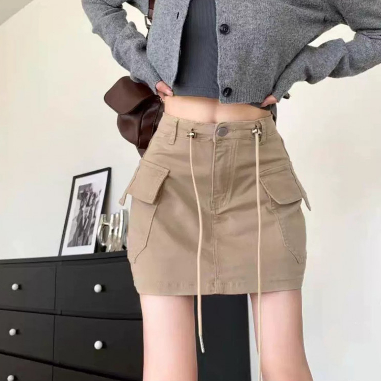 Laterme กระโปรงยีนส์เอวสูง คาร์โก้ สายเป็นเชือกรูด ทั้งน่ารักและเท่ มีซับในในตัว - รูปที่ 5