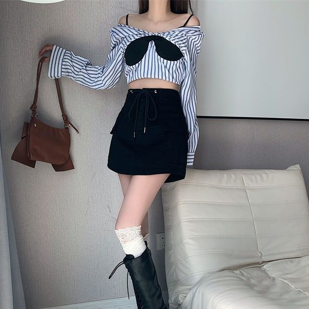 Laterme กระโปรงยีนส์เอวสูง คาร์โก้ สายเป็นเชือกรูด ทั้งน่ารักและเท่ มีซับในในตัว - รูปที่ 7