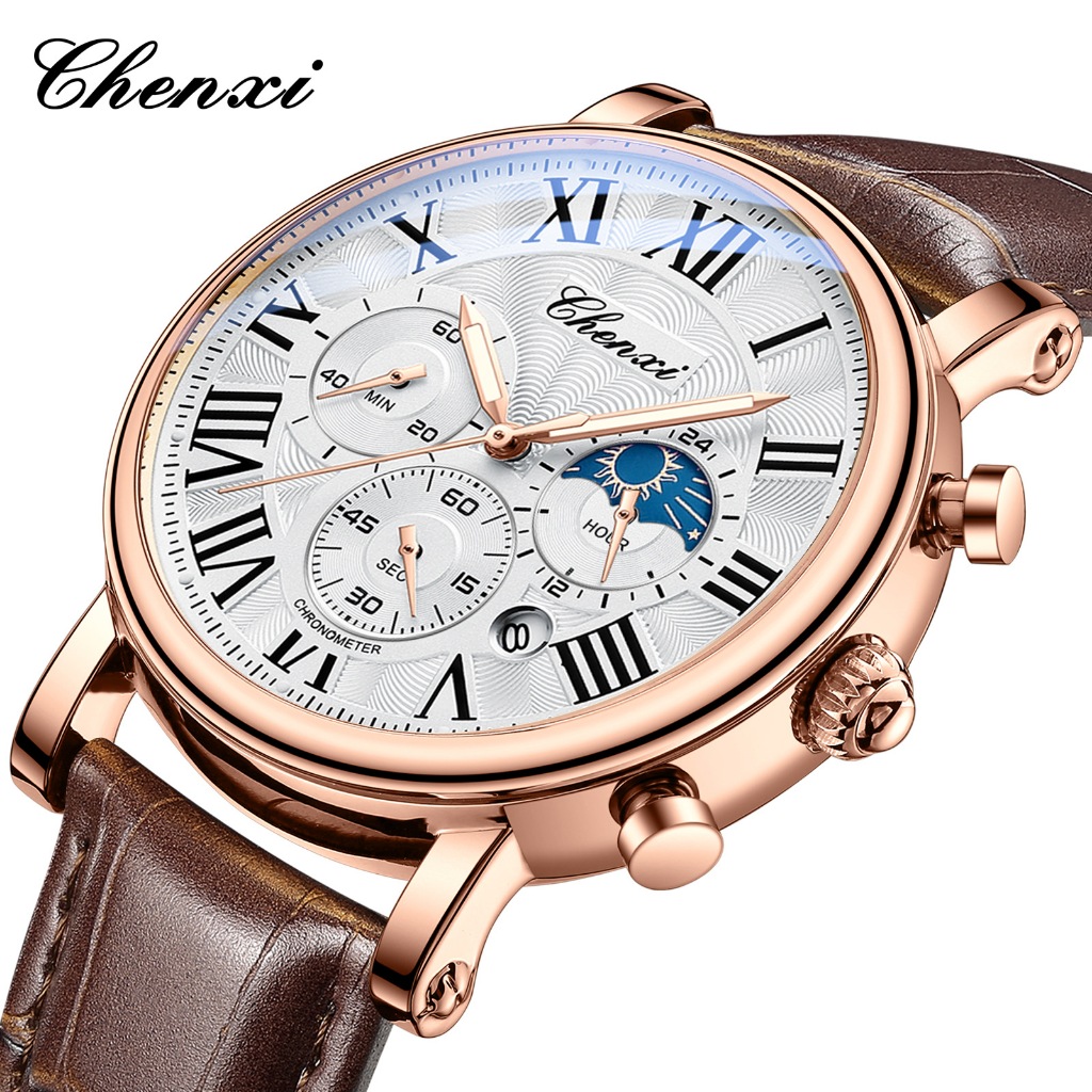 CHENXI 973 มัลติฟังก์ชั่นผู้ชายธุรกิจนาฬิกาดวงจันทร์เฟสปฏิทินกันน้ํา