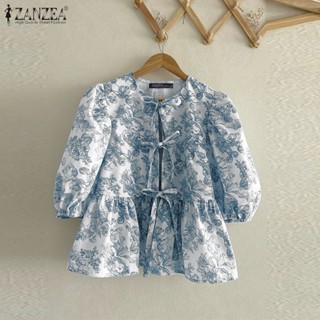ZANZEA ใส่ ซานเซีย ผู้หญิงเกาหลีลําลองคอกลมแขนสั้นพิมพ์ลายดอ…
