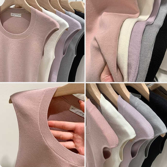 83791เสื้อกั๊กแขนกุดผ้าถักคอกลมเข้ารูปสีพื้น - รูปที่ 5