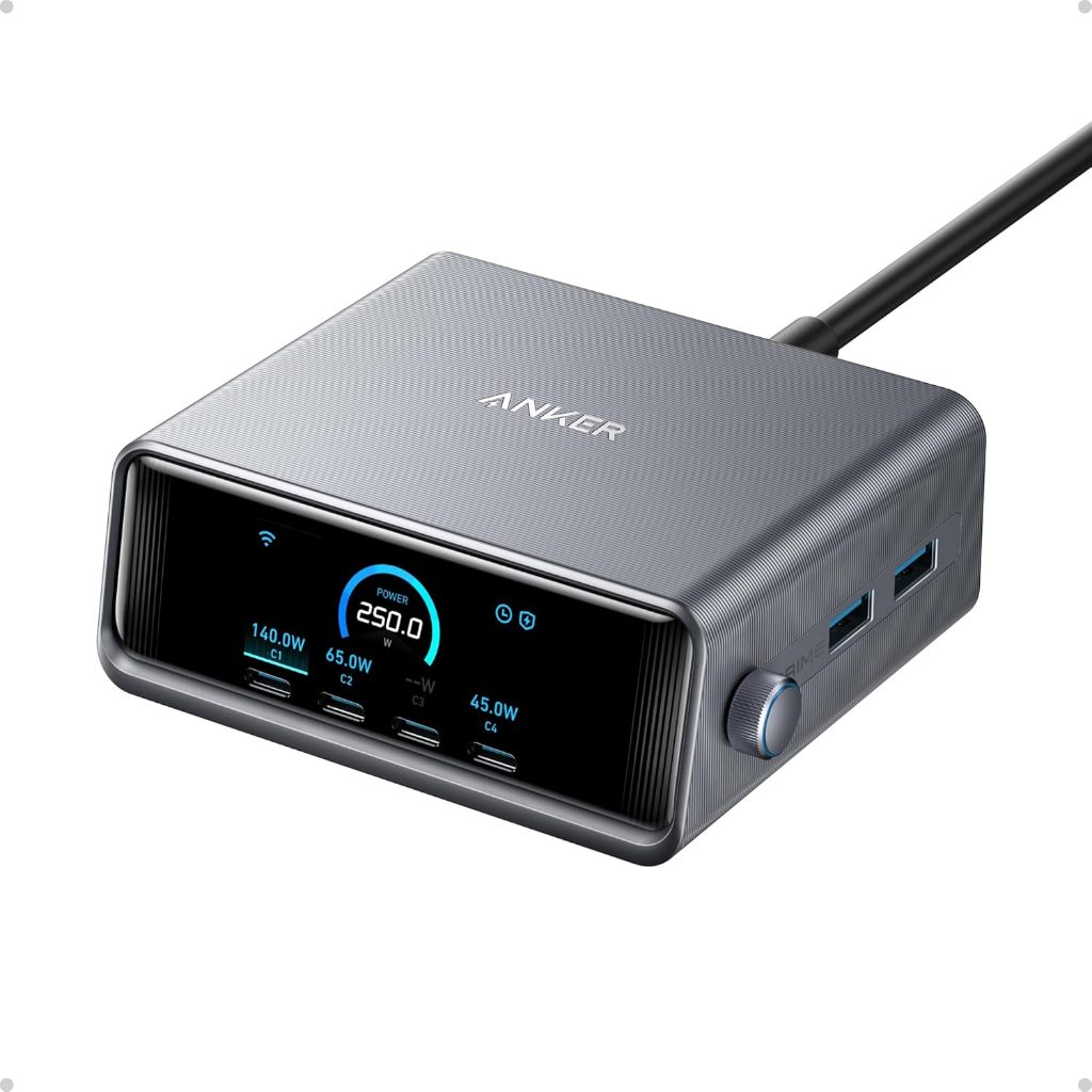 Anker A2345 Prime Charger 250W GaN Prime USB C สถานีชาร์จ Ultra-Fast 6-Port, 2.26" จอแสดงผล LCD และ 