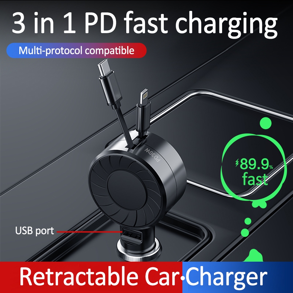ที่ชาร์จในรถยนต์แบบยืดหดได้ 100W 3 in 1 สําหรับ iPhone และ Android Fast Charging, ที่ชาร์จในรถยนต์ 50W พร้อมสายไฟ (2.6Ft), พอร์ต USB-C