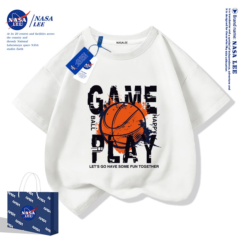 เสื้อยืดแขนสั้นสำหรับเด็ก NASA สไตล์อเมริกัน เนื้อผ้าฝ้าย ฤดูร้อนรุ่นใหม่ปี 2025 ลายบาสเกตบอล