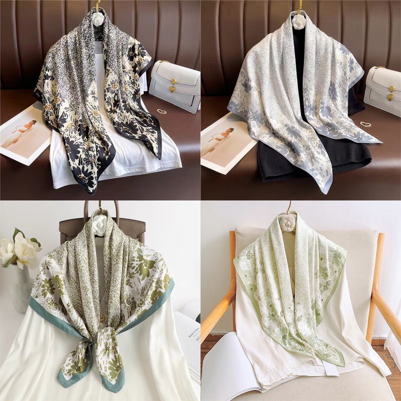 ผ้าพันคอไหมพิมพ์ลาย 90 ซม. ผ้าคลุมไหล่ ผ้าโพกหัวมุสลิม สุภาพสตรี/ไม่จํากัดเพศ รุ่น D106