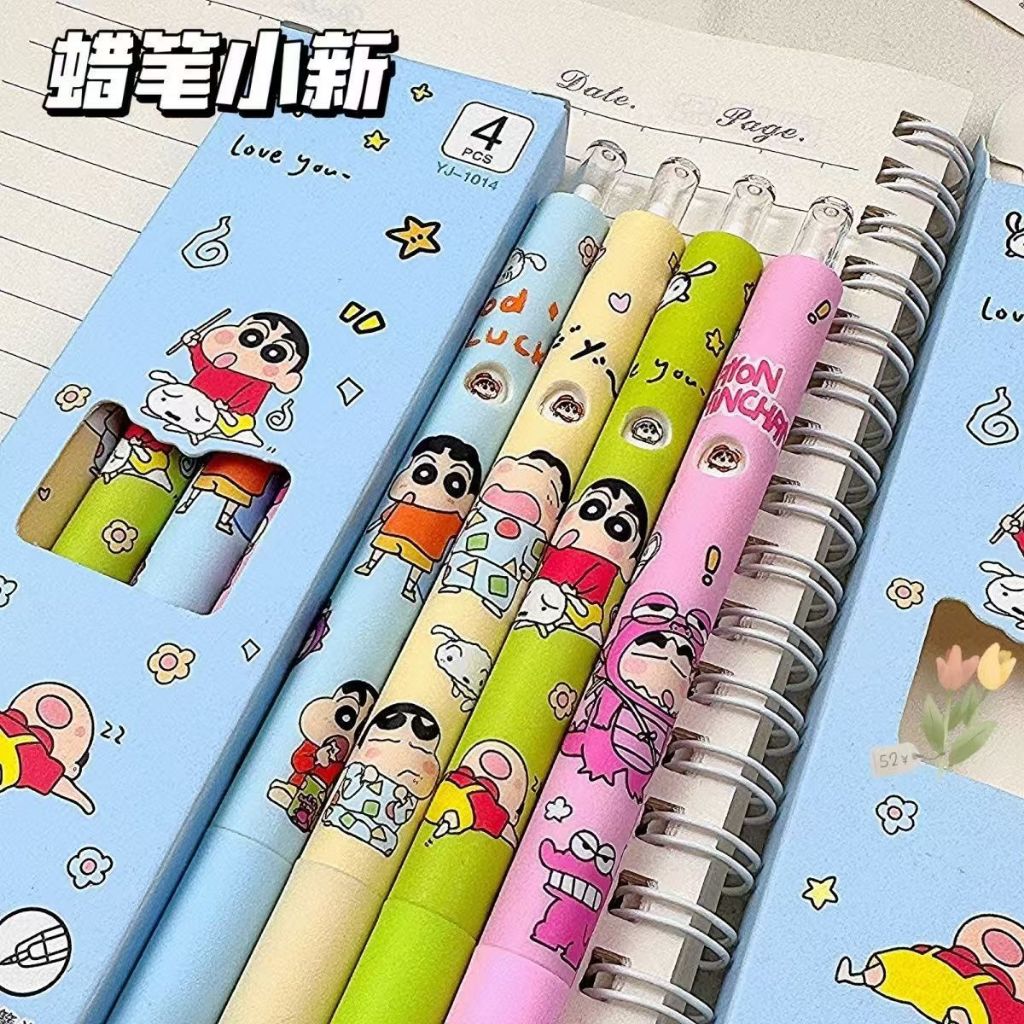 4ปากกา/กล่อง น่ารัก หน้าชินจังเปลี่ยนการแสดงออกปากกาเจลกดและย้าย เซนต์ ความเร็วอบแห้ง 0.5 มม. ปากกาเป็นกลาง