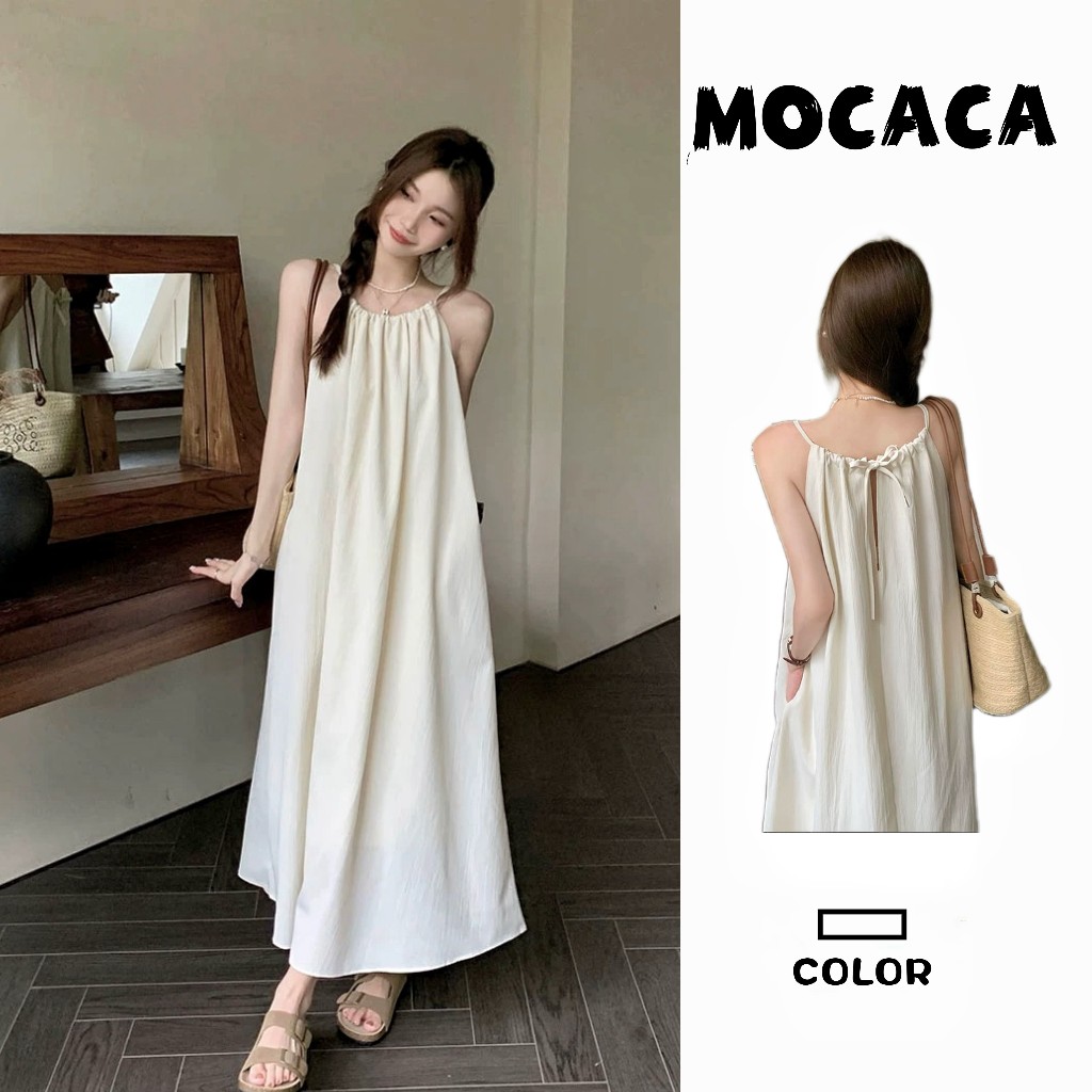 MOCACA✨พร้อมส่ง✨ชุดเดรสยาว เดรสแขนกุด เนื้อผ้าใส่สบาย ชุดเที่ยวทะเล เดรสทรงหลวม
